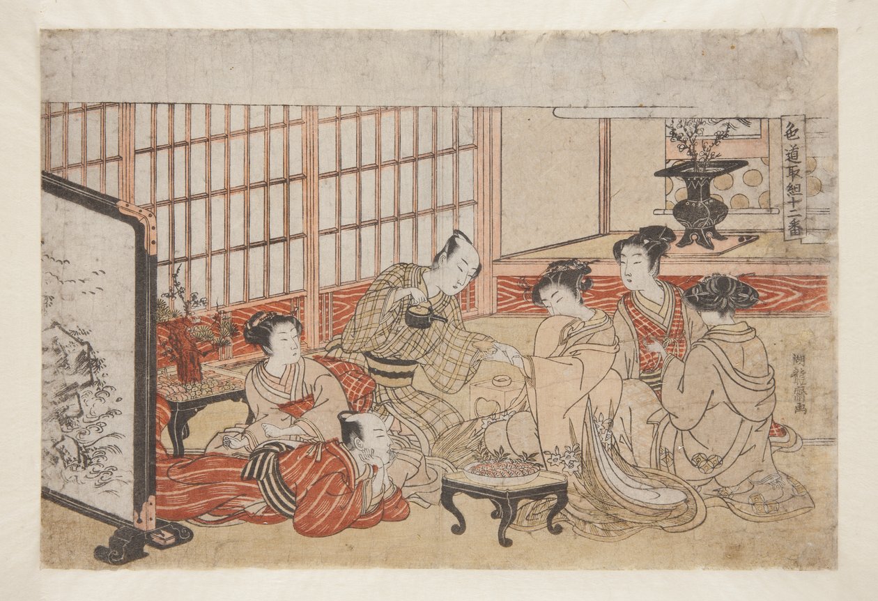No. 1, A Party in the Yoshiwara (színes fatömb nyomat) alkotó: Isoda Koryusai