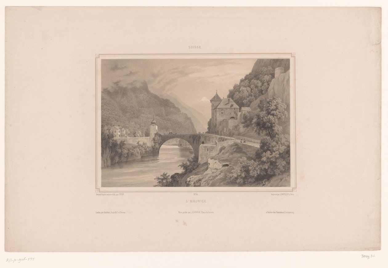 Kilátás a svájci Saint-Maurice-ra St. Maurice (cím a tárgyon) Arcok Svájcban (sorozat címe) Suisse (sorozat címe az objektumon) alkotó: Isodore Laurent Deroy