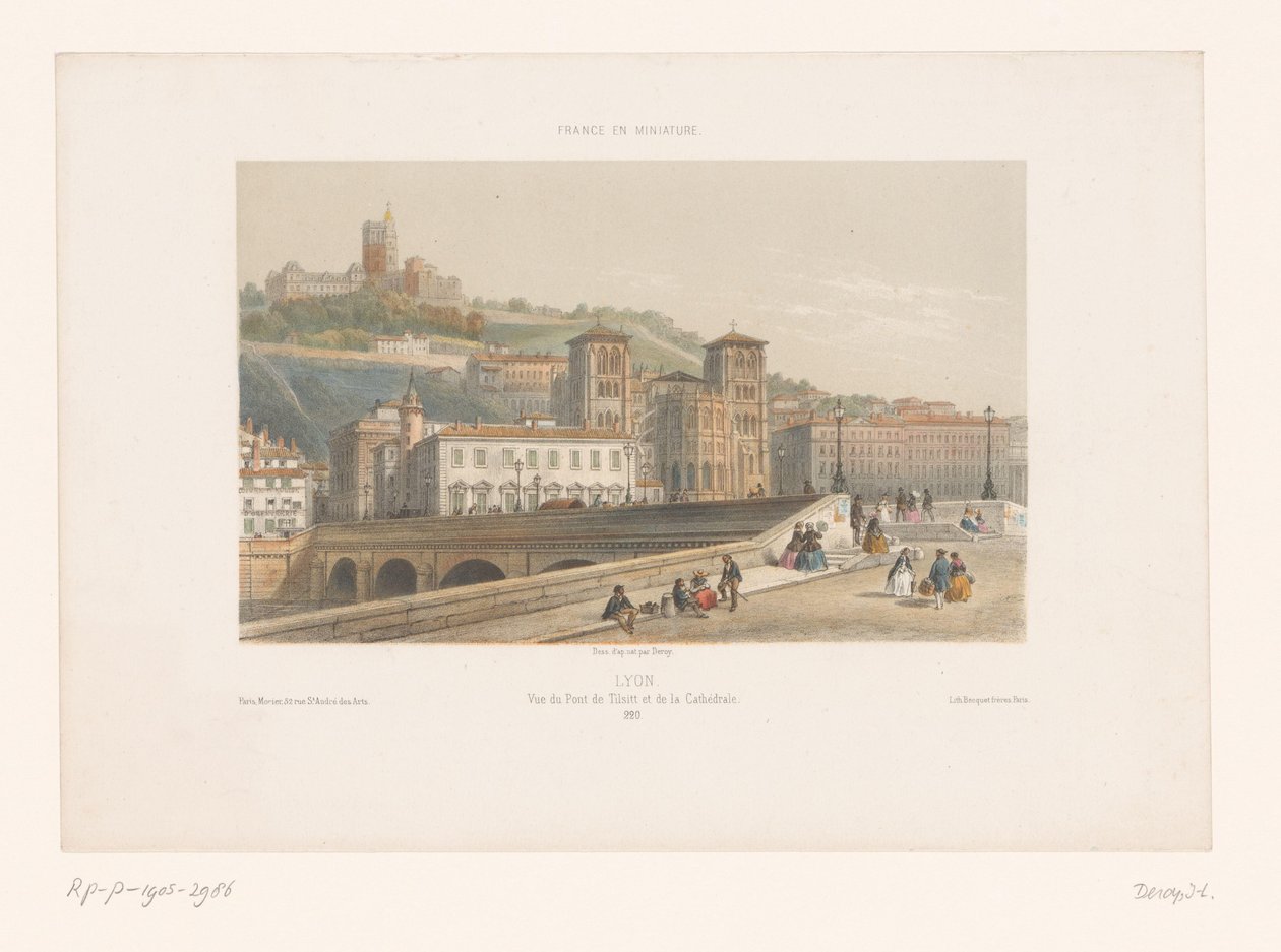 Kilátás a Pont Tilsitt-re és a lyoni Saint-Jean-katedrálisra Lyons. Vue du Pont de Tilsitt et de la Cathédrale (cím a tárgyon) Kis arcok Franciaországban (sorozat címe) Franciaország miniatűr (sorozat címe az objektumon) alkotó: Isodore Laurent Deroy