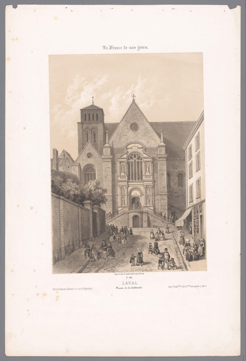 Kilátás a lavali Sainte-Trinité székesegyházra láva. Façade de la Cathédrale (cím a tárgyon) Kortárs Franciaország (sorozat címe) La France de nos jours (sorozat címe a tárgyon) alkotó: Isodore Laurent Deroy