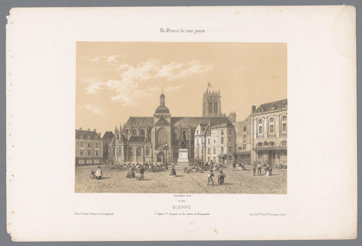 Kilátás a Saint-Jacques-templomra és a Dieppe-i Duquesne-szoborra Dieppe. l
