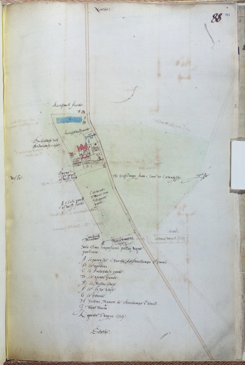 Ms 255171 fol.88 Belchamp St. Paul falu térképe, 1576 toll és tinta és WC papíron alkotó: Israel Amyce