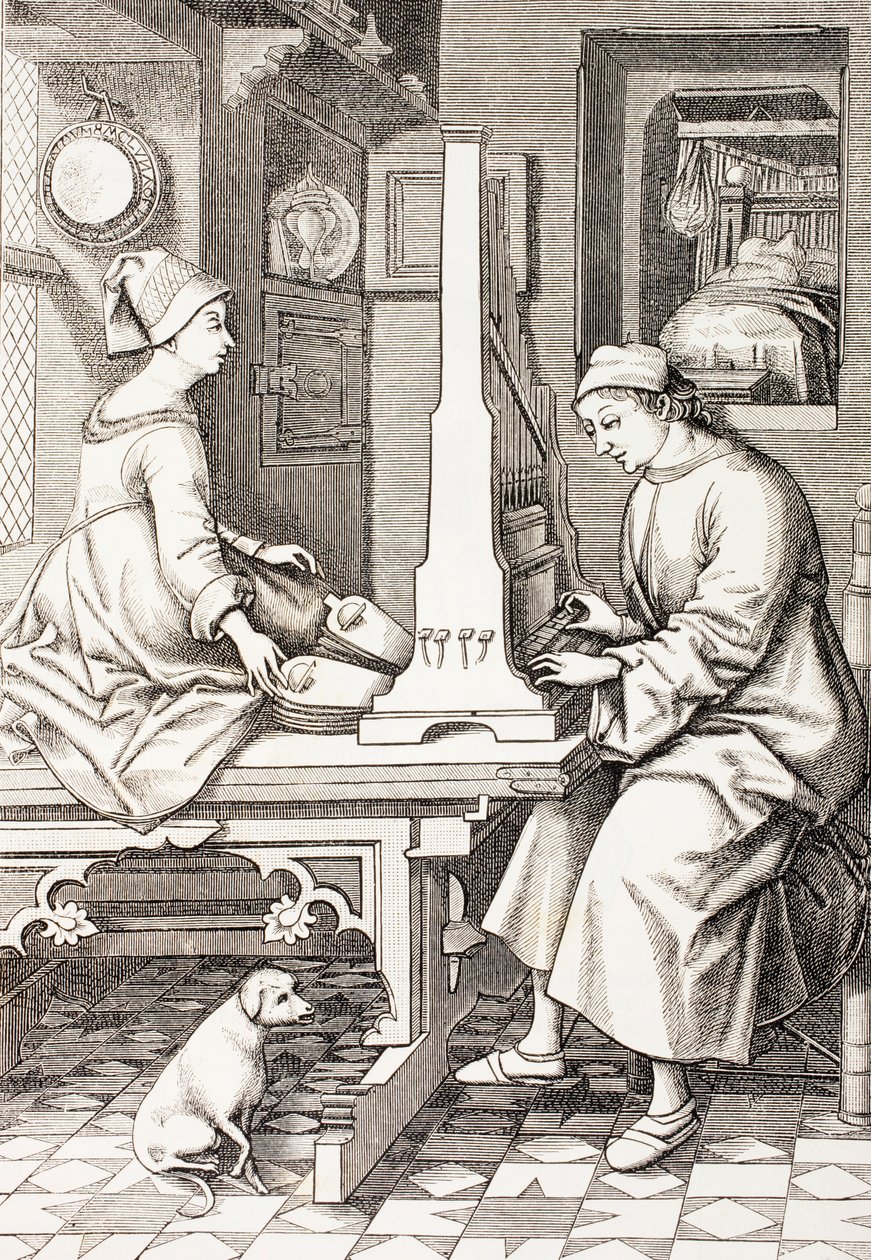 Német zenész, aki hordozható orgonán játszik, az El Mundo Ilustradoból, Barcelona, 1880 alkotó: Israel van Mecken