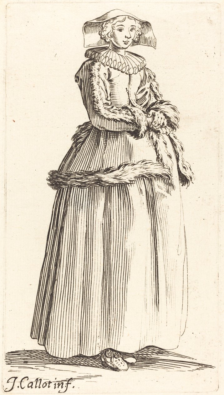 Fiatal nő összekulcsolt kézzel, jobbra néz alkotó: Israel Henriet after Jacques Callot