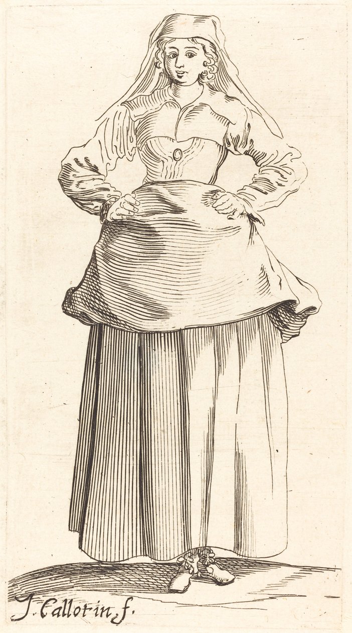 Fiatal nő csípőre tett kézzel, elölnézet alkotó: Israel Henriet after Jacques Callot