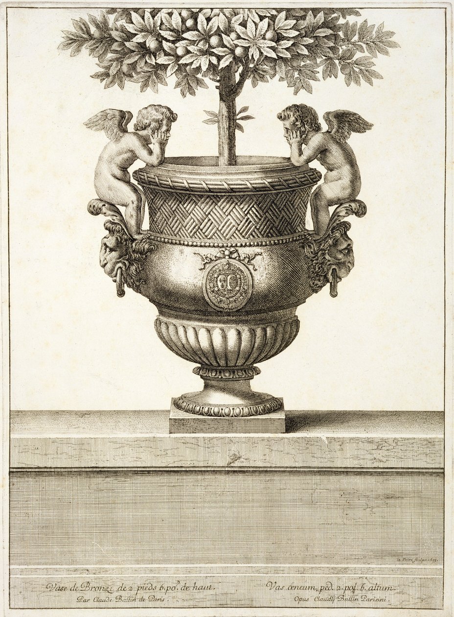 Citrusfákhoz használt bronz urnák, illusztráció a „Versailles nézetei és tervei”, Párizs, 1664-89 körül (metszet) alkotó: Israel the Younger (after) Silvestre