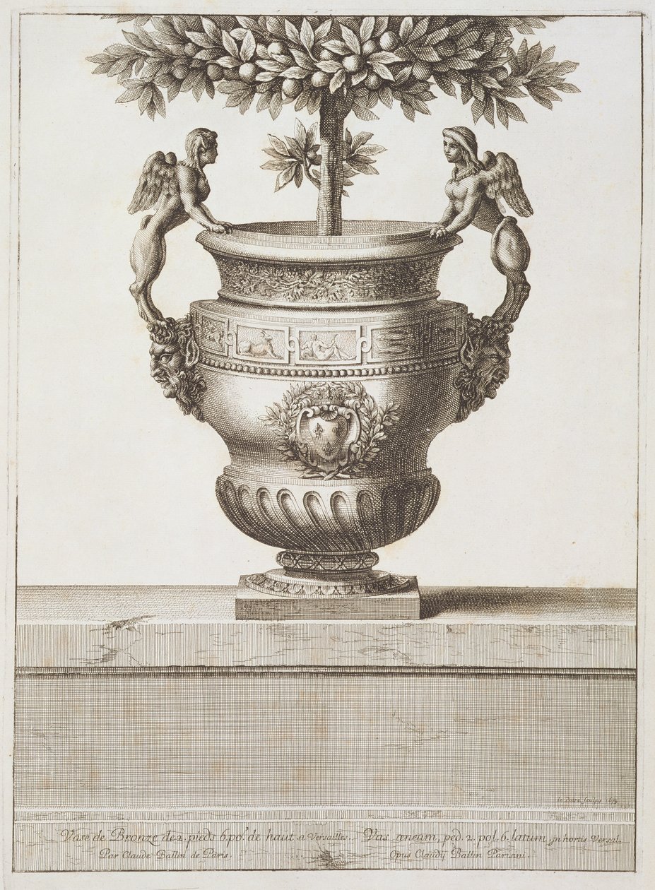 Citrusfákhoz használt bronz urnák, illusztráció a „Versailles nézetei és tervei”, Párizs, 1664-89 körül (metszet) alkotó: Israel the Younger (after) Silvestre