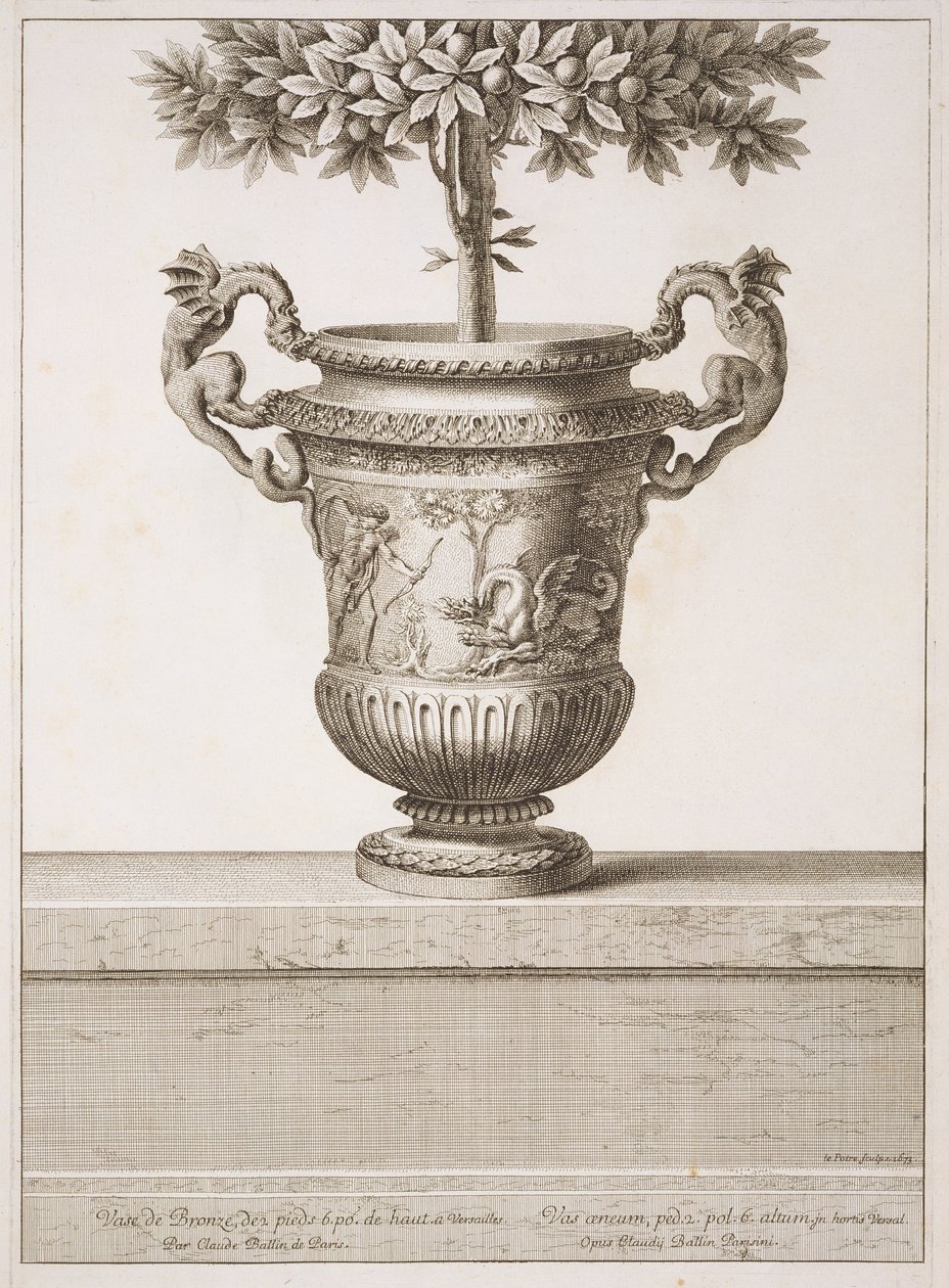 Citrusfákhoz használt bronz urnák, illusztráció a „Versailles nézetei és tervei”, Párizs, 1664-89 körül (metszet) alkotó: Israel the Younger (after) Silvestre