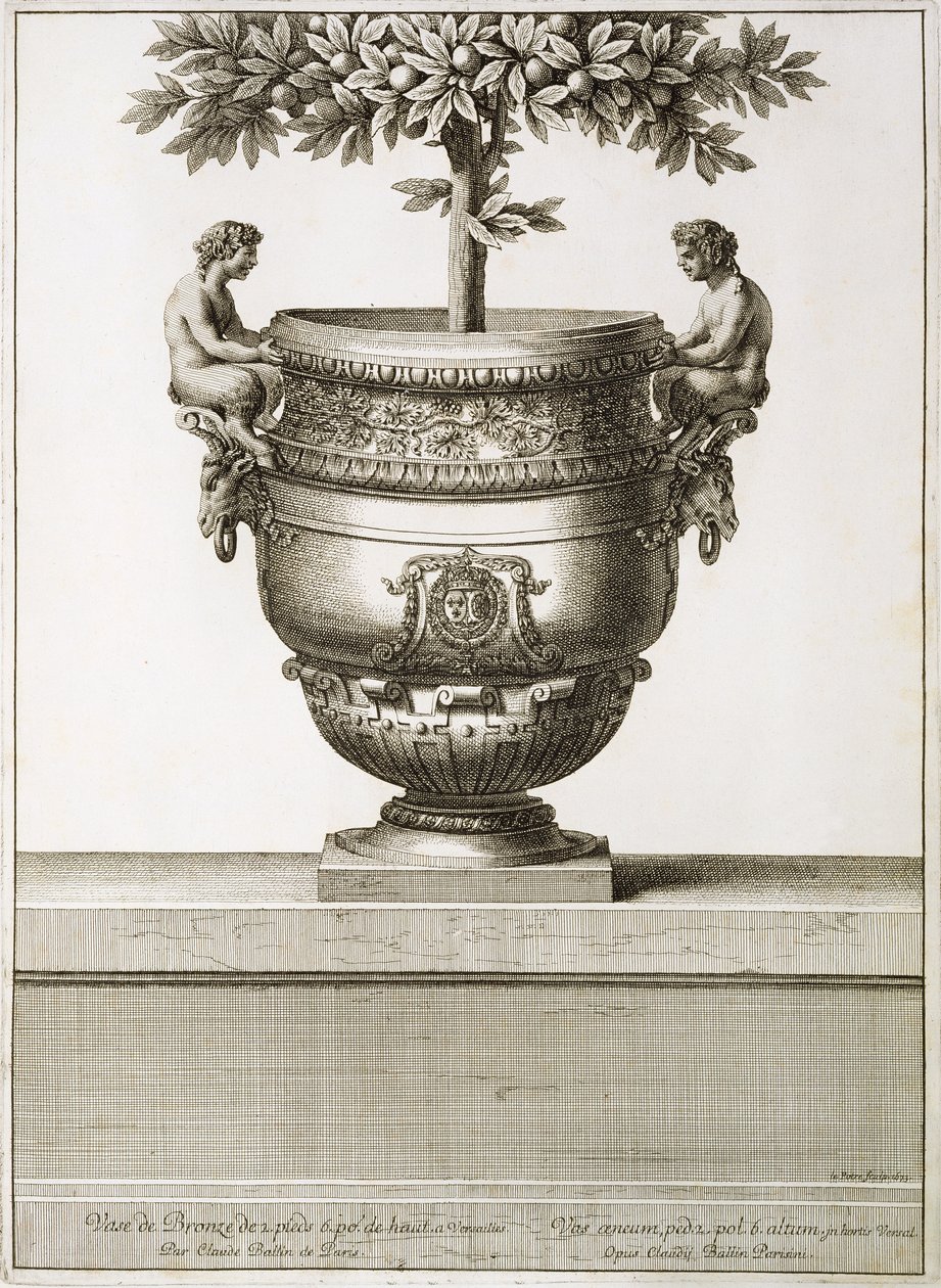 Citrusfákhoz használt bronz urnák, illusztráció a „Versailles nézetei és tervei”, Párizs, 1664-89 körül (metszet) alkotó: Israel the Younger (after) Silvestre