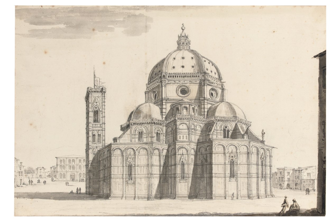 Dóm és Campanile, Firenze (fekete kréta, toll és szürke tinta, barna és szürke mosás papíron vízjellel) alkotó: Israel the Younger Silvestre