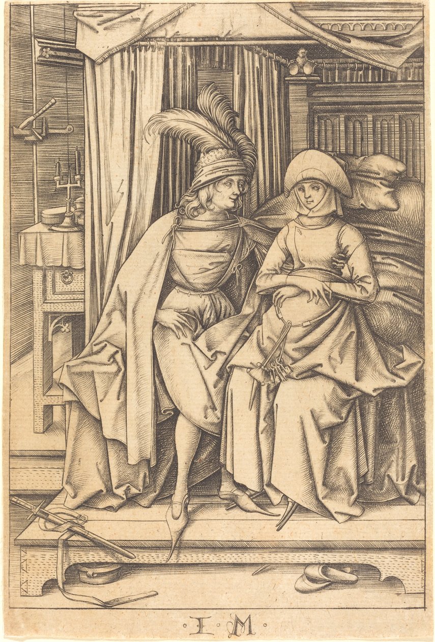 Pár ül egy ágyon, c. 14951503. alkotó: Israhel van Meckenem