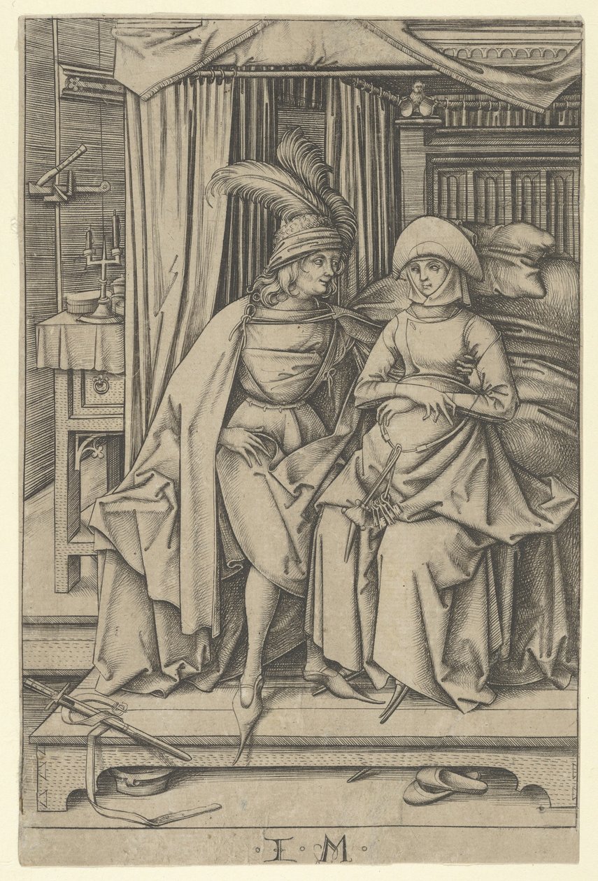 Ágyon ülő pár, a Scenes of Daily Life,.n.d. alkotó: Israhel van Meckenem
