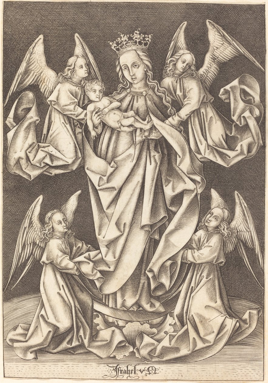 A Madonna és a gyermek a félholdon négy angyal által támogatott alkotó: Israhel van Meckenem