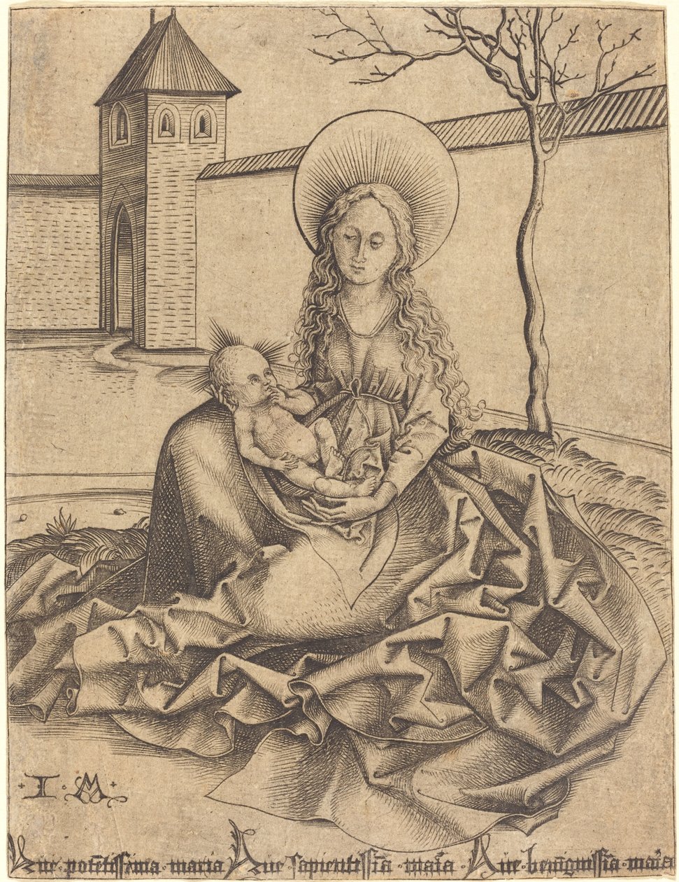 Szűz és gyermek az udvaron alkotó: Israhel van Meckenem after Martin Schongauer