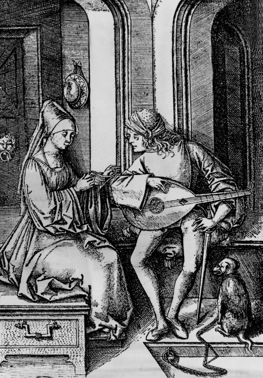 Egy nő énekel, miközben egy férfi lanton játszik (metszet) alkotó: Israhel van the younger Meckenem