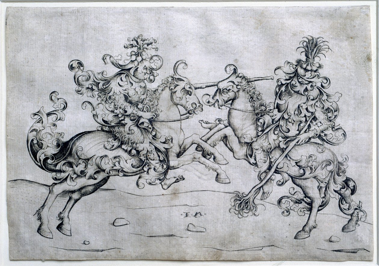 Két lovas játszik. Két férfi játéka lóháton. Israel Van Meckenem (kb. 1440-1503) rajza. Louvre múzeum alkotó: Israhel van the younger Meckenem