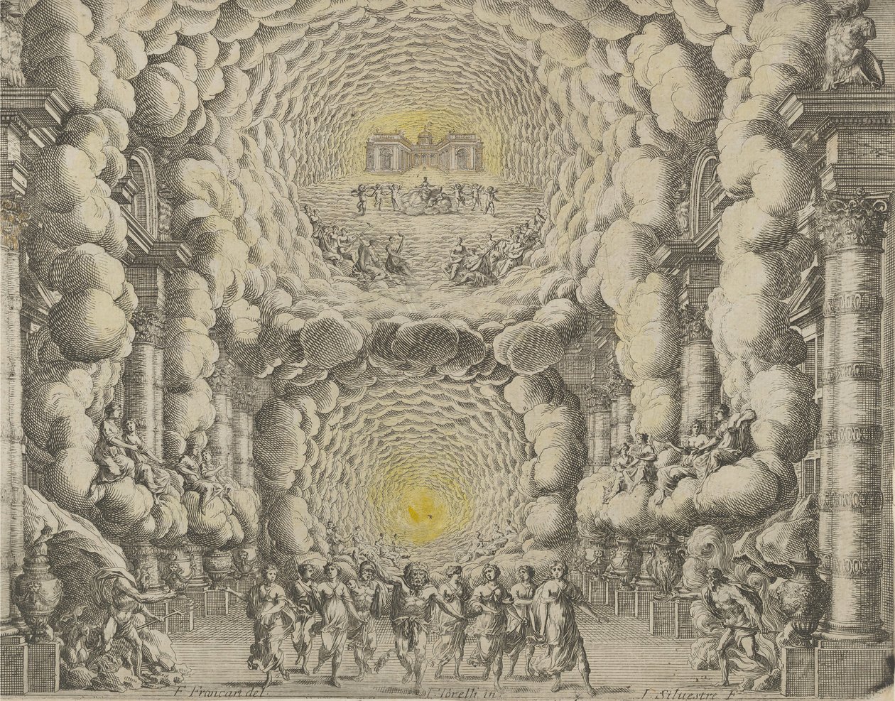Giacomo Torelli da Fano 1654-es „Les Noces de...” című balettjéhez készített színházi díszlet terve alkotó: Israël Silvestre