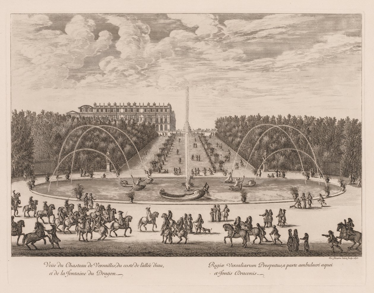 Kilátás a Versailles-i palotára, a sikátor és a Sárkány szökőkút oldaláról, 1676. alkotó: Israël Silvestre