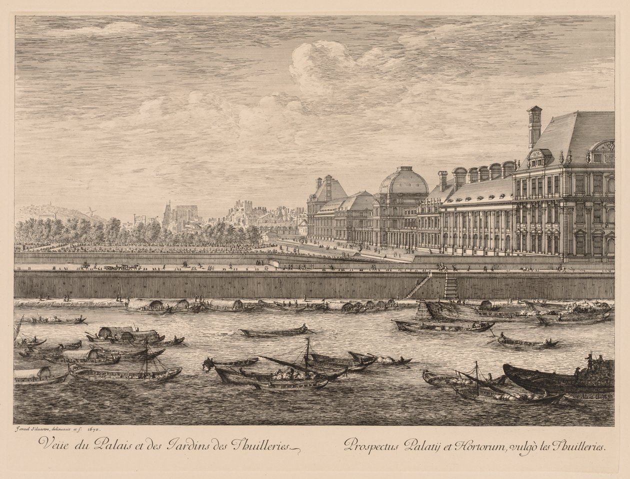 Kilátás a Tuileries-palotára és a kertekre, a rakpart oldaláról, 1670. alkotó: Israël Silvestre