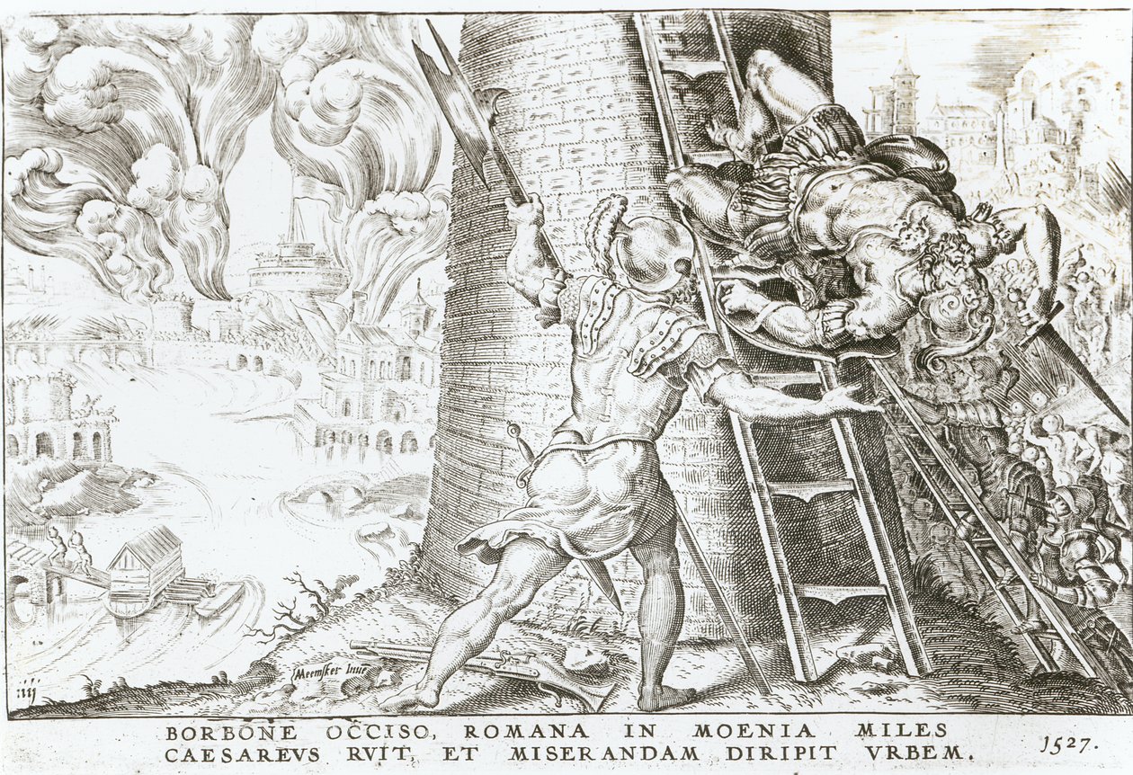 Charles Bourbon (1490-1527) halálakor V. Károly (1500-58) csapatai megrohanják Róma falait, 1527 alkotó: Italian School