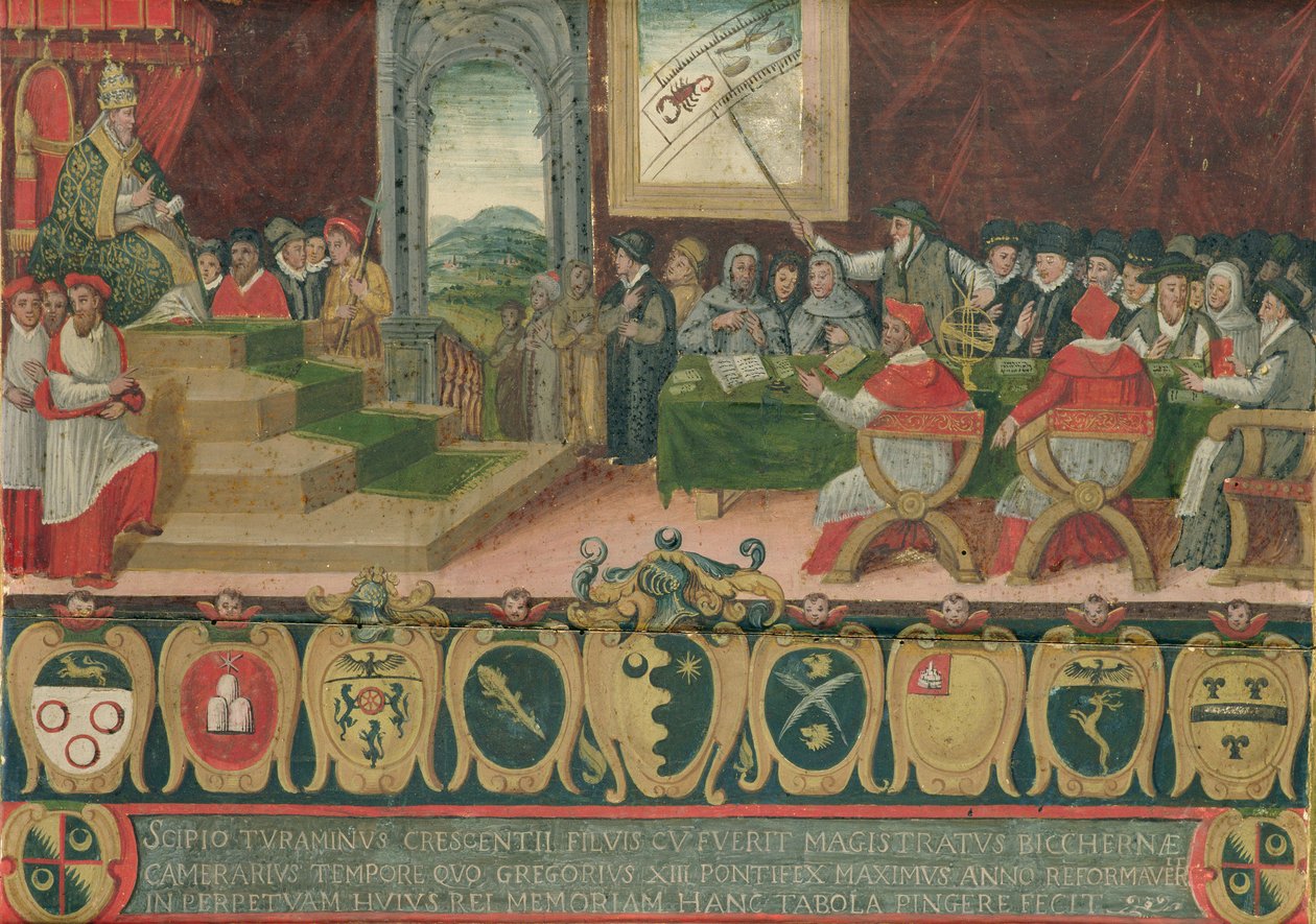 A naptár reformjának megvitatása XIII. Gergely pápa (1502-85) vezetésével, amelyet a Gergely-naptár váltott fel, Róma, 1582. október 15. (lásd még: 102626) alkotó: Italian School