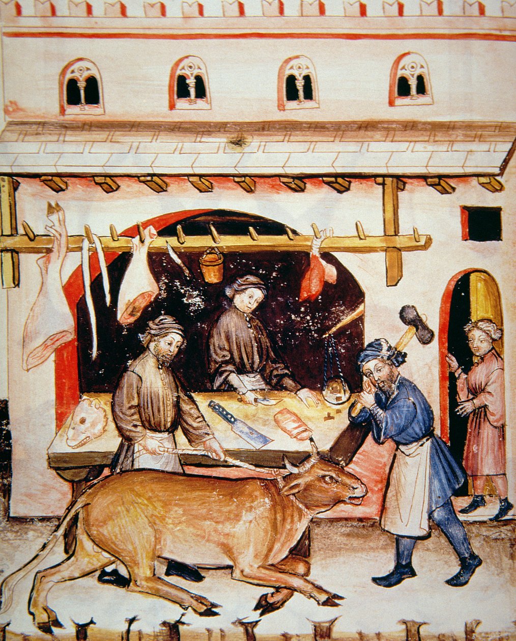 Fol.73v A hentesek: Borjúhús, illusztráció a Tacuinum Santiatis Codex Vindobonensisből alkotó: Italian School
