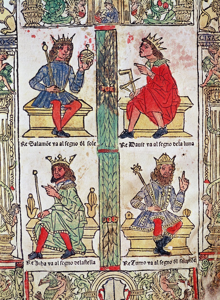 Dávid király, Salamon, Luba és Turnis, Lorenzo Spirito „Libro de la Sorte e de la Ventura” című művéből (színes fametszet) alkotó: Italian School