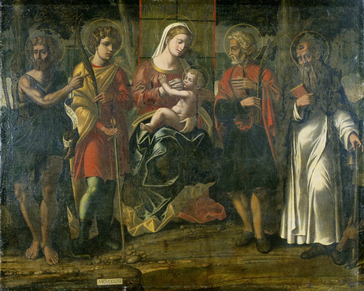 Madonna és gyermek Keresztelő Jánossal, Antalszal és más szentekkel, 1534 (tempera, vászon) alkotó: Italian School