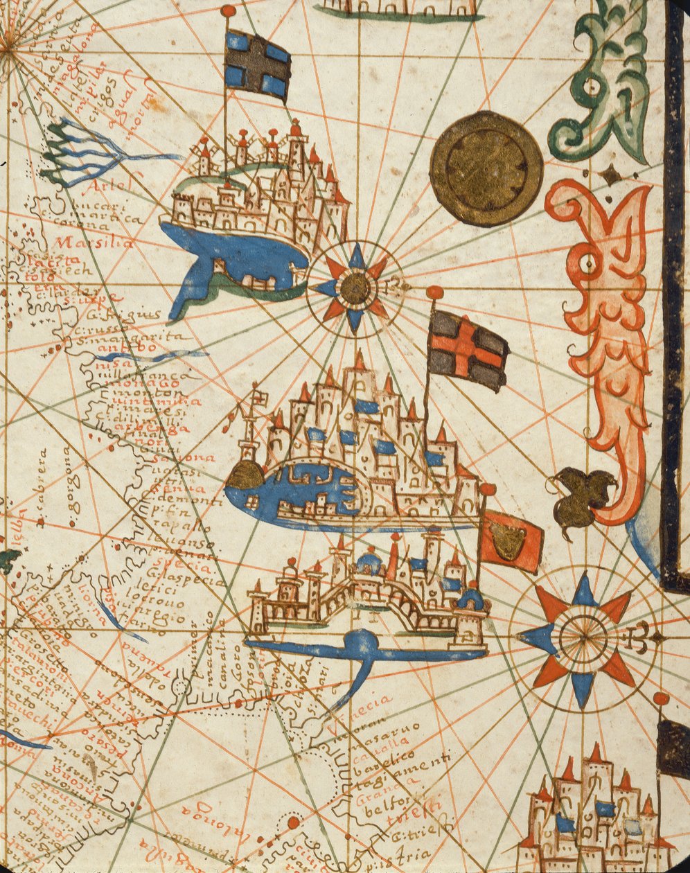 Marseille, Genova és Velence, egy tengeri atlaszból, 1646 (tinta pergamen) (részlet a 330937-ből) alkotó: Italian School