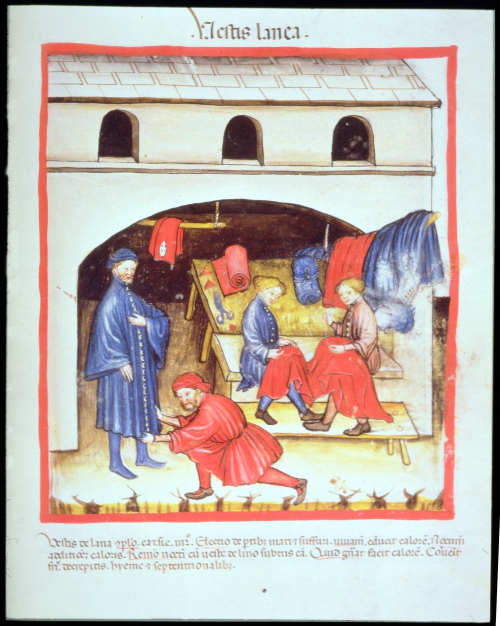 Nova 2644 fol.105r The Tailors: Gyapjúruhák, a Tacuinum Sanitatistól alkotó: Italian School