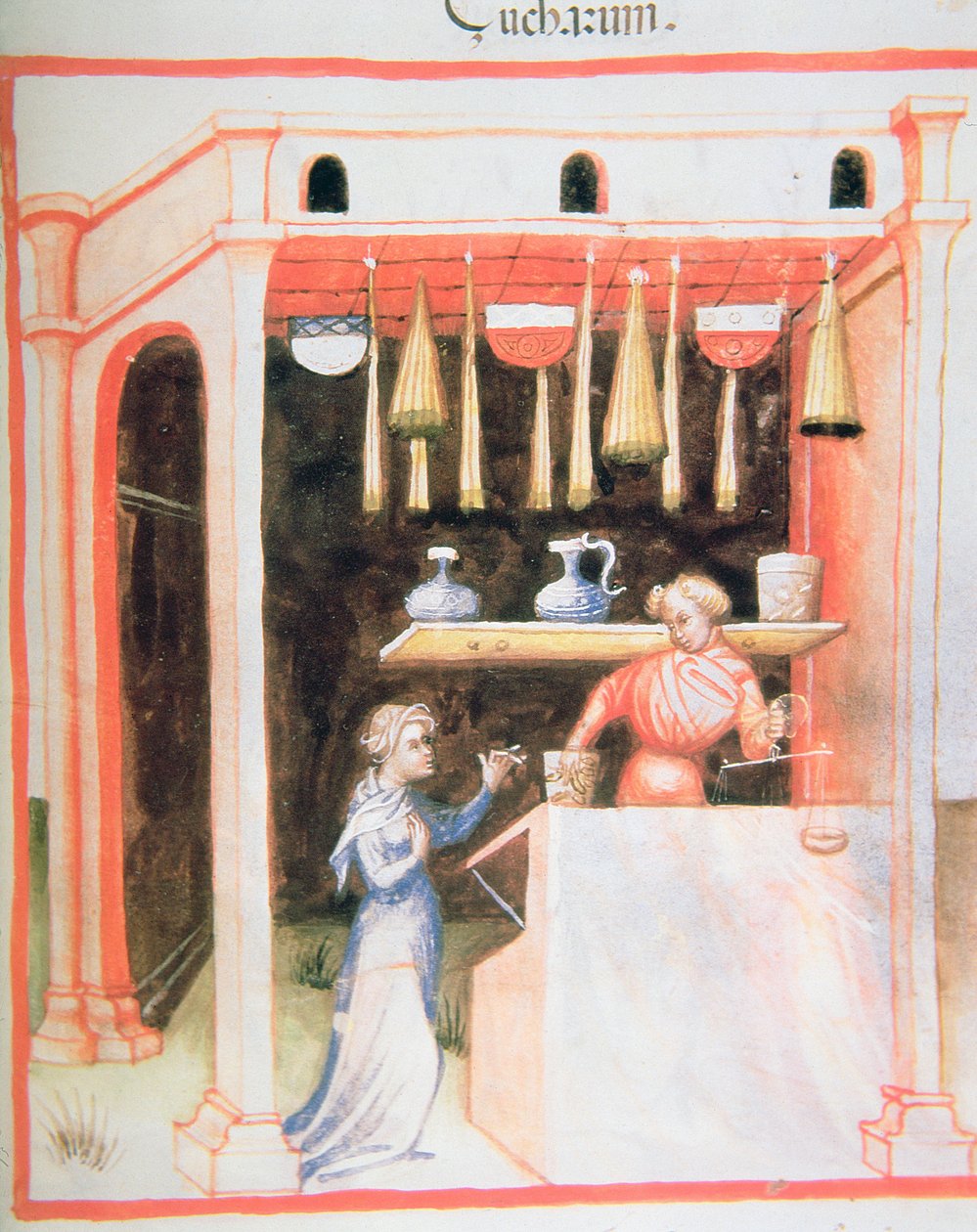 Nova 2644 fol.92r Cukor értékesítése, Tacuinum Sanitatis alkotó: Italian School