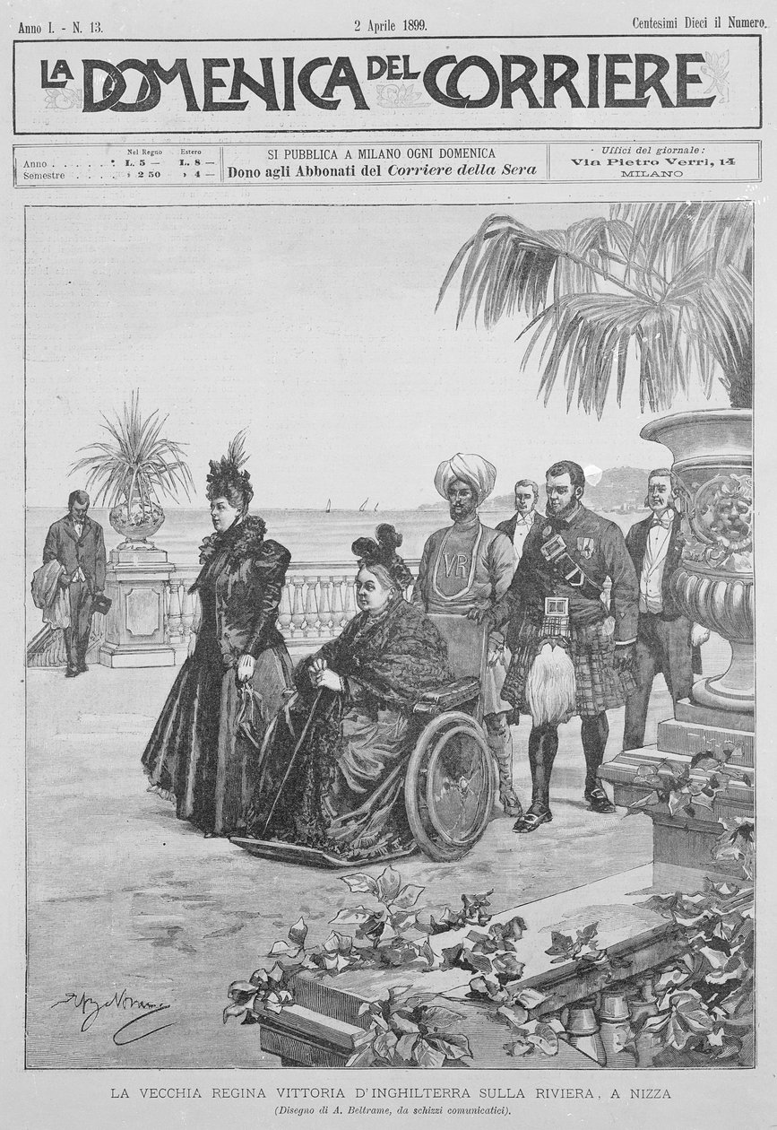 Viktória királynő az olasz riviérán, a „La Domenica del Corriere” borítólapja, 1899. április 2. alkotó: Italian School