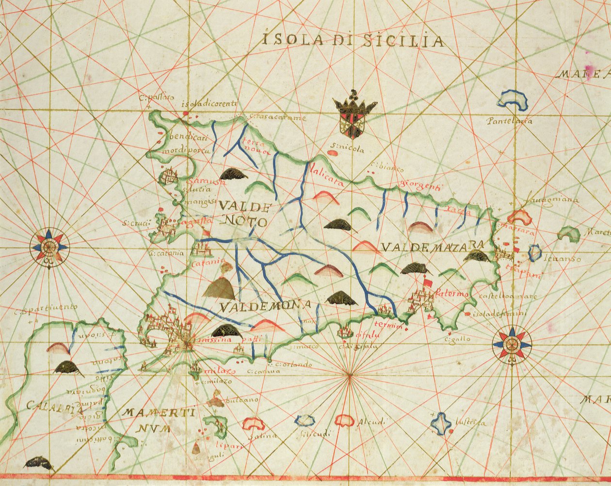 Szicília és a Messinai-szoros, egy tengeri atlaszból, 1646 (tinta pergamen) alkotó: Italian School