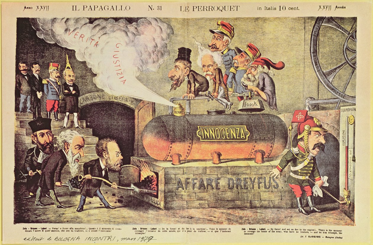 A Dreyfus-ügy, 1894. december 22., olasz szatirikus rajzfilm a „Le Perroquet”-ből (Il Pappagallo), 31. szám, 1899. augusztus alkotó: Italian School