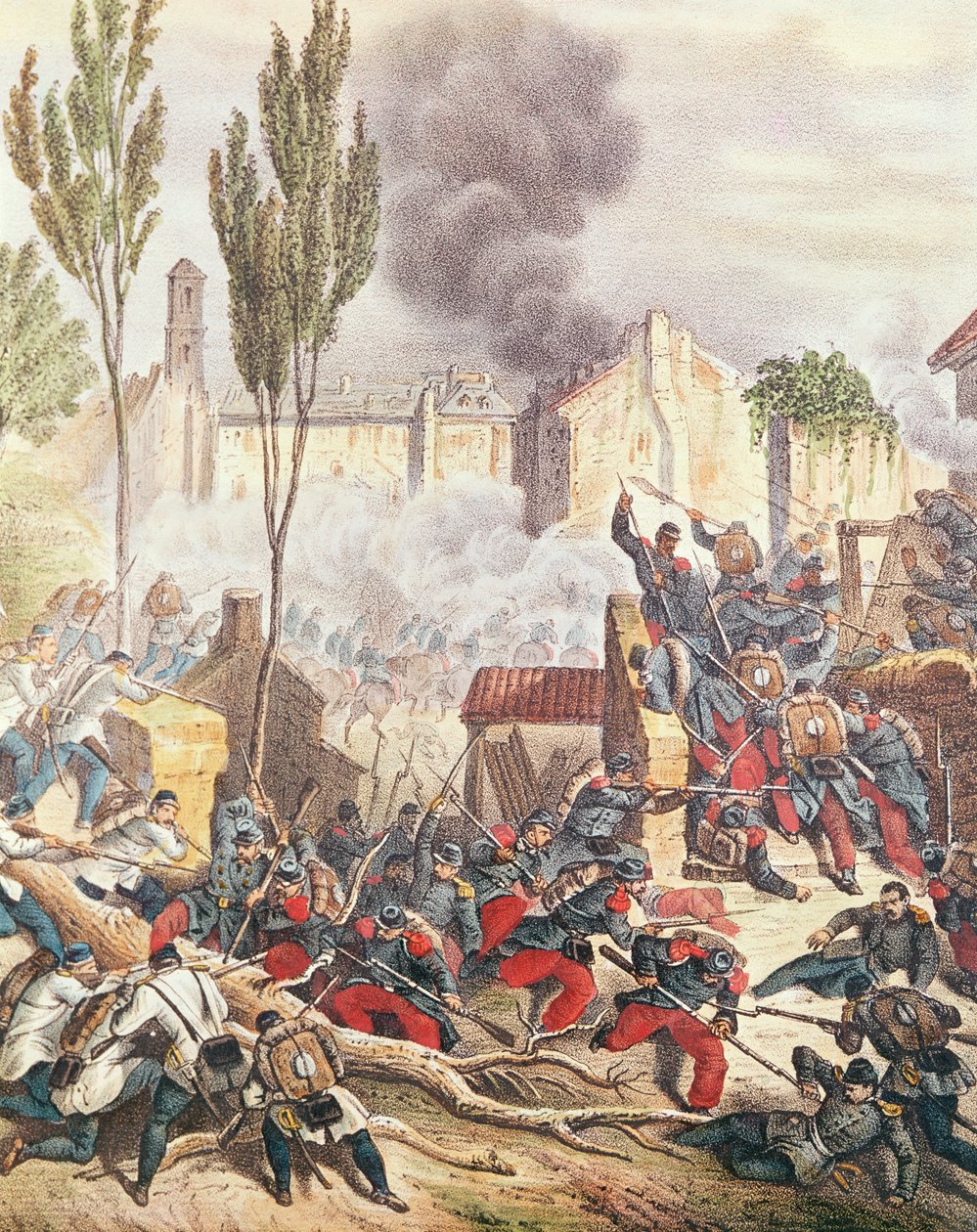 A piemontiak és a franciák a bíborvörös csatában 1859-ben (színes metszet) alkotó: Italian School
