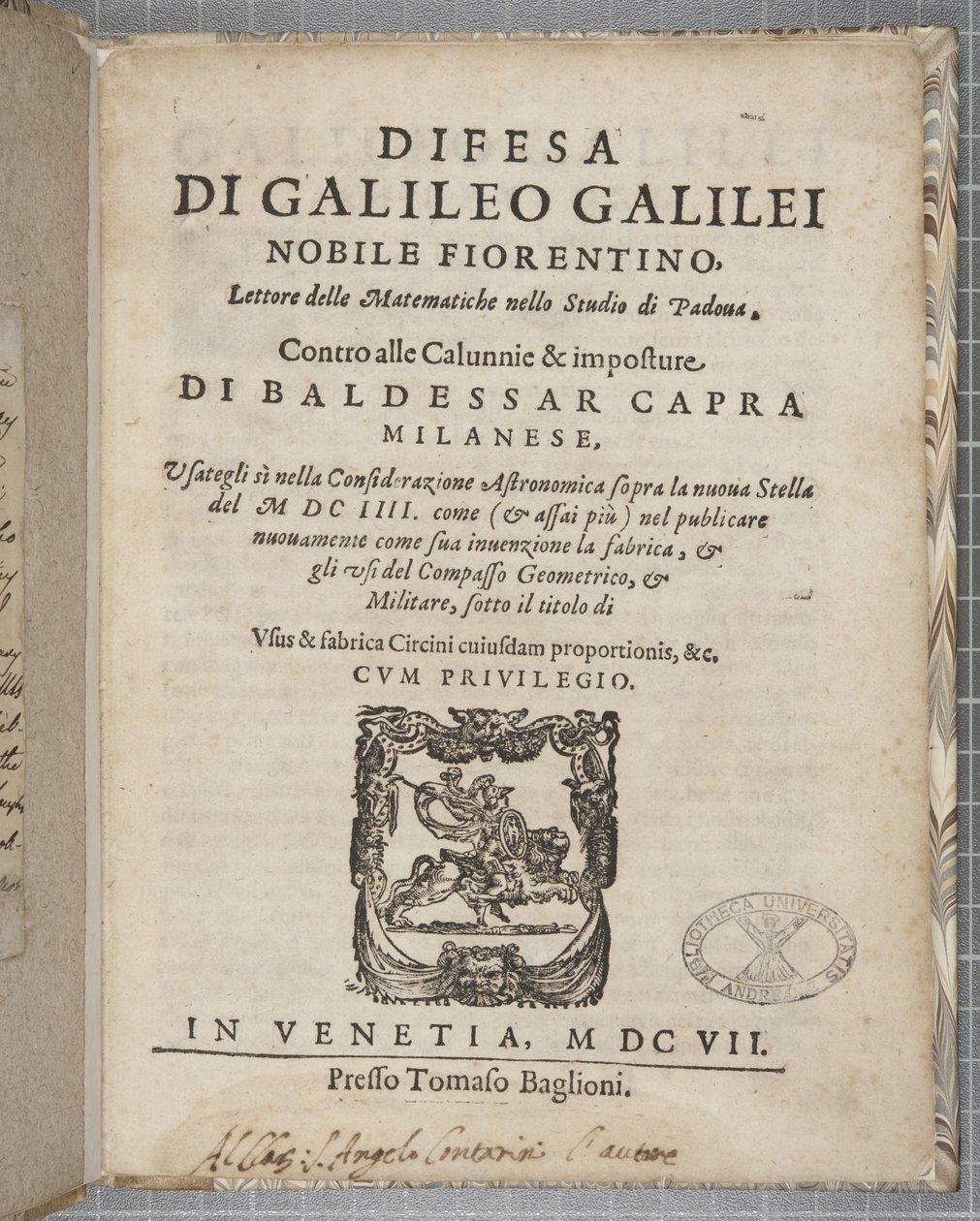 A Difesa címlapja, Galilei, 1607 alkotó: Italian School