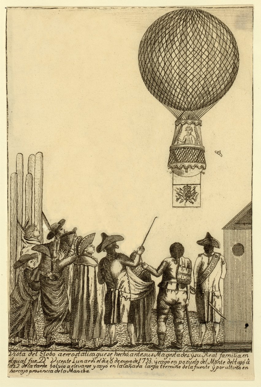 Kilátás a hőlégballonra, amelyet őfelségeik és királyi családjuk előtt készítettek, amelyben Dn. Vicente Lunardi 1793. január 8-án? kocsma. 1793 alkotó: Italian School
