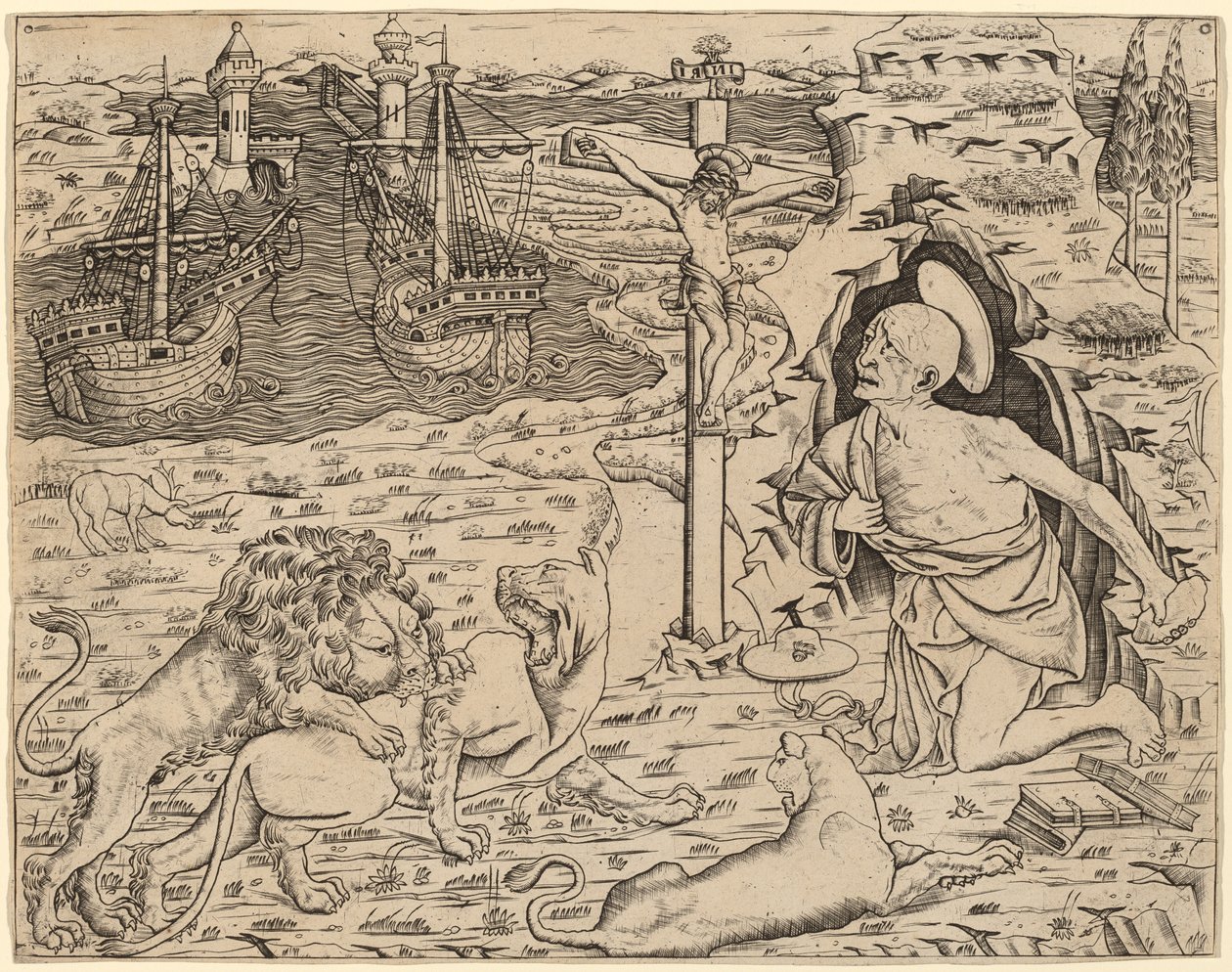 Szent Jeromos a bűnbánatban, két hajóval a kikötőben alkotó: Italian 15th Century