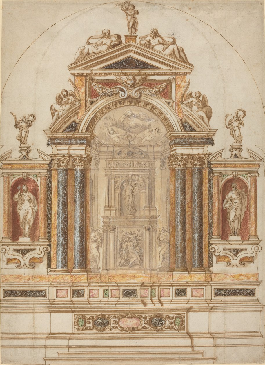 Kidolgozott, szobrokkal díszített, színes márványoltár alkotó: Italian 17th Century