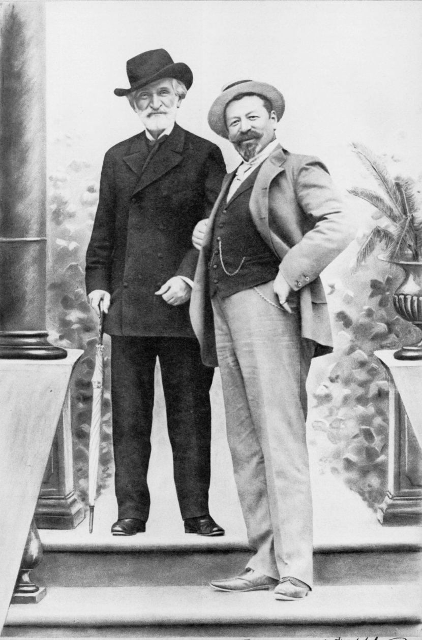 Giuseppe Verdi olasz zeneszerző (1813-1901) és Francesco Tamagno tenor (1850-1905) Montecatiniben a 19. század végén. alkotó: Italian Photographer