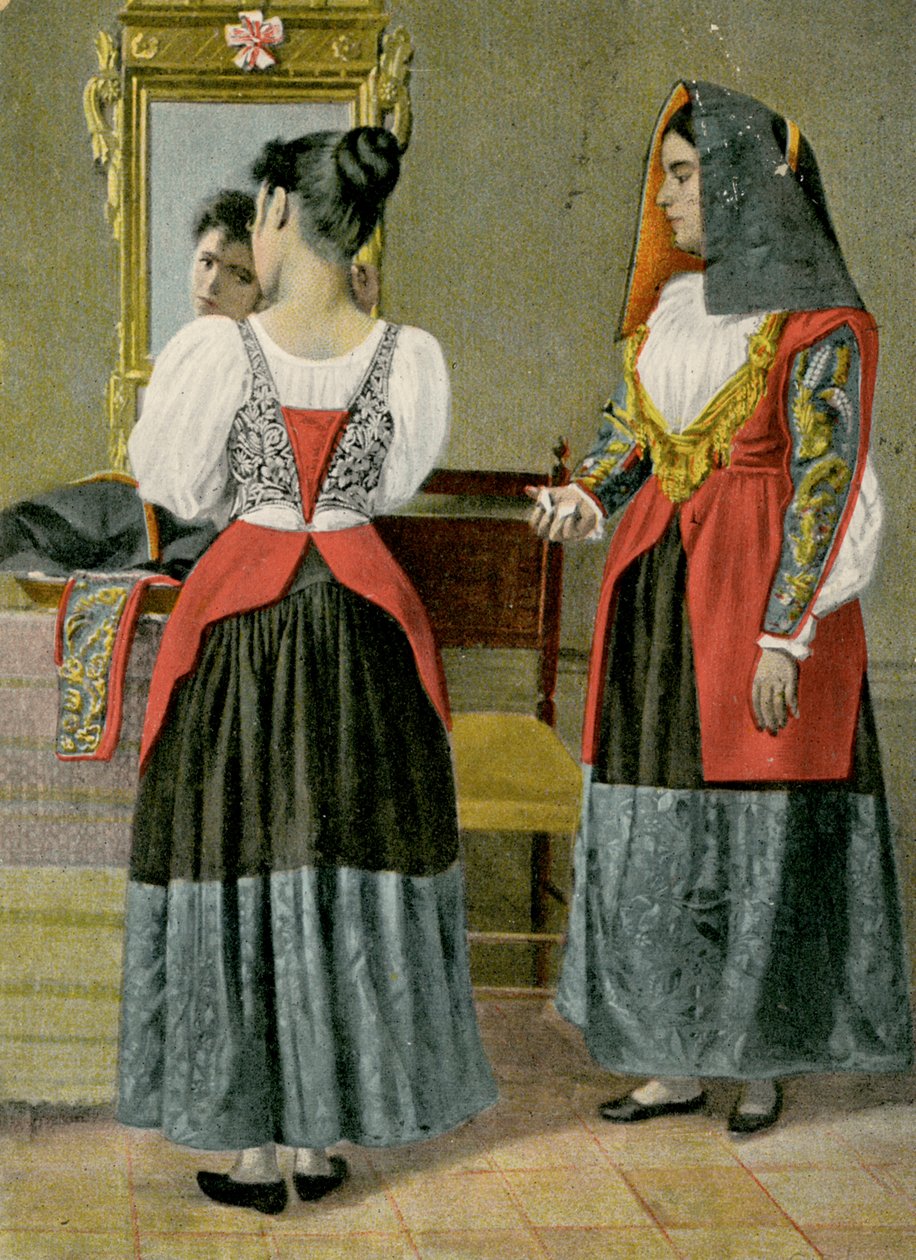 Két hagyományos viseletet viselő nő, Sennori, Szardínia, Olaszország, G Dessi, Cagliari fotója. alkotó: Italian Photographer