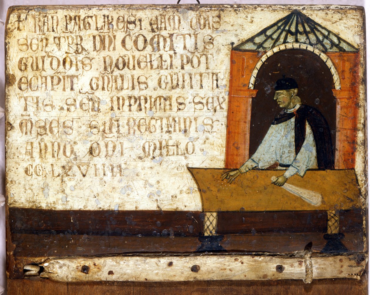 Camerlingual, amely az adófizetést képviseli. Biccherna (Siena város számviteli nyilvántartásának borítója) 1270-ből. Nemzeti Levéltár - Museo delle Tavolette de Biccherna, Siena. alkotó: Italian School
