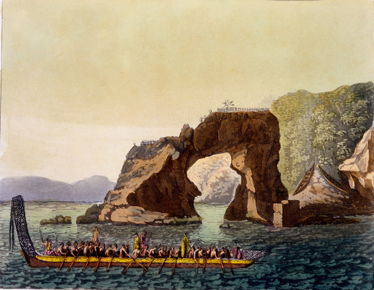 Maori erődített kilátó Új-Zélandon, maori háborús kenuval kombinálva, 1820-30-as évek (kézzel színezett akvatinta) alkotó: Italian School