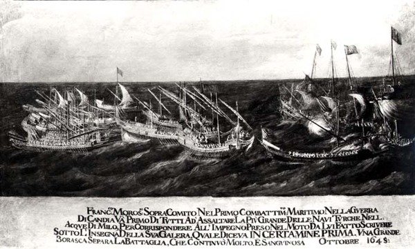 Tengeri csata a velencei flotta között Francesco Morosini (1618-94) tábornok vezetésével a törökök ellen Kréta partjainál, 1645. október (olaj, vászon) (fekete-fehér fotó) alkotó: Italian School