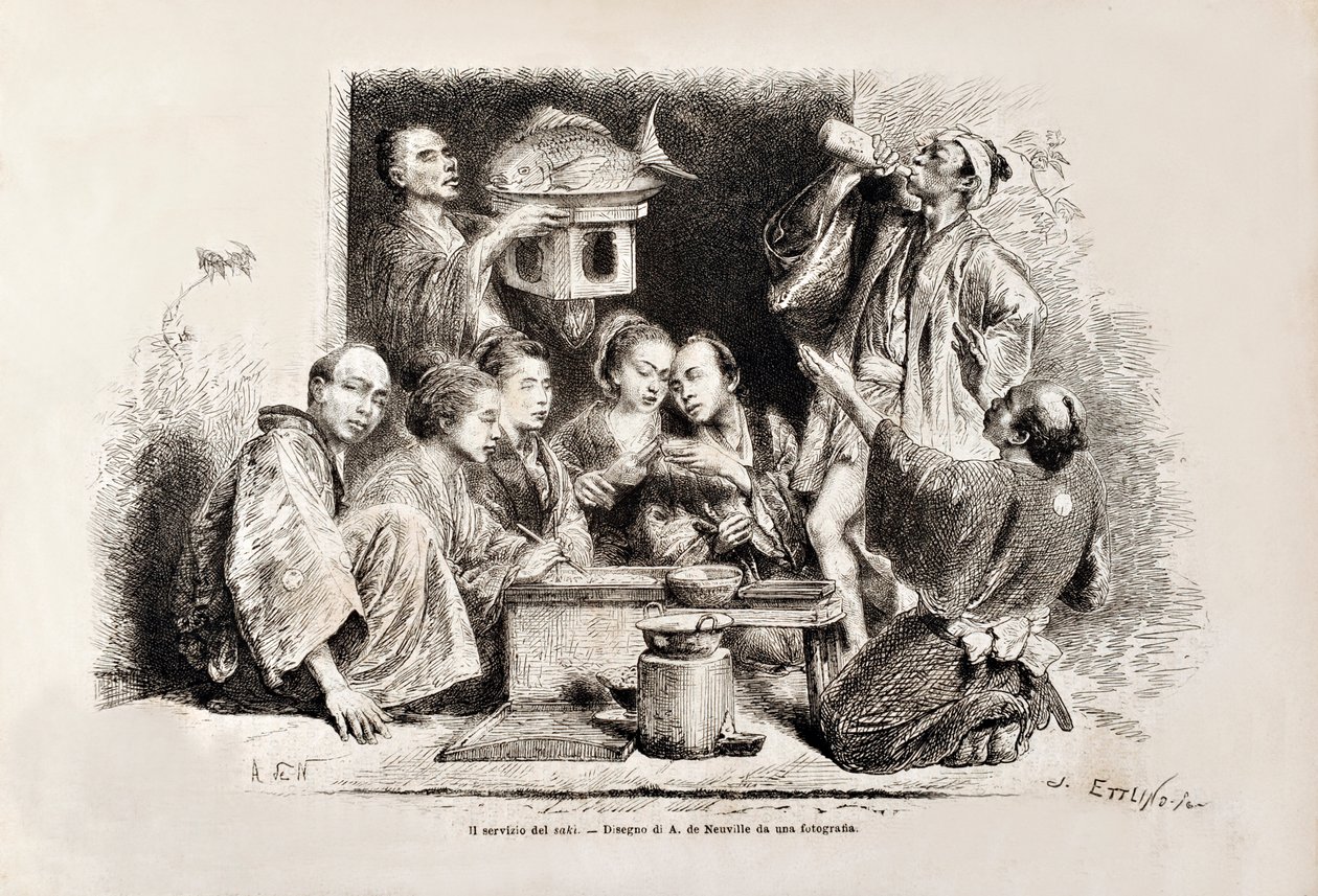 A Small Party Drinking Sake a Tour du Monde olasz kiadásából, 1869 alkotó: Italian School