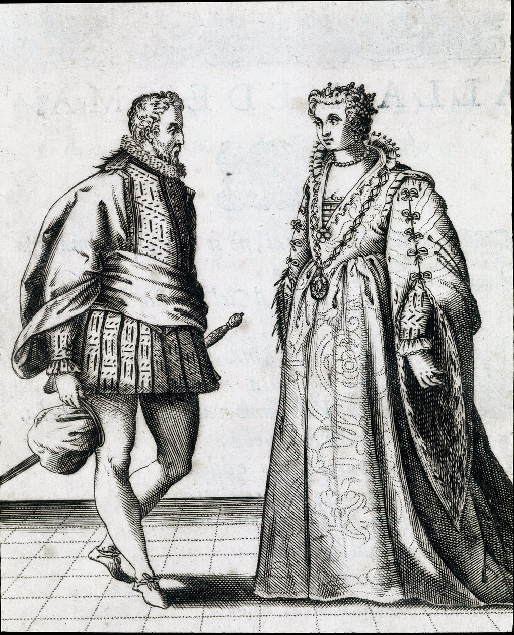 Egy pár olasz nemesség. Az „Il ballarino” (vagy Il dancer) metszete Fabritio Caroso táncmester (1527 / 1535-1605 / 1620) táncával foglalkozik 1581. Polgári Múzeum Biblioteca Musicale, Bologna alkotó: Italian School