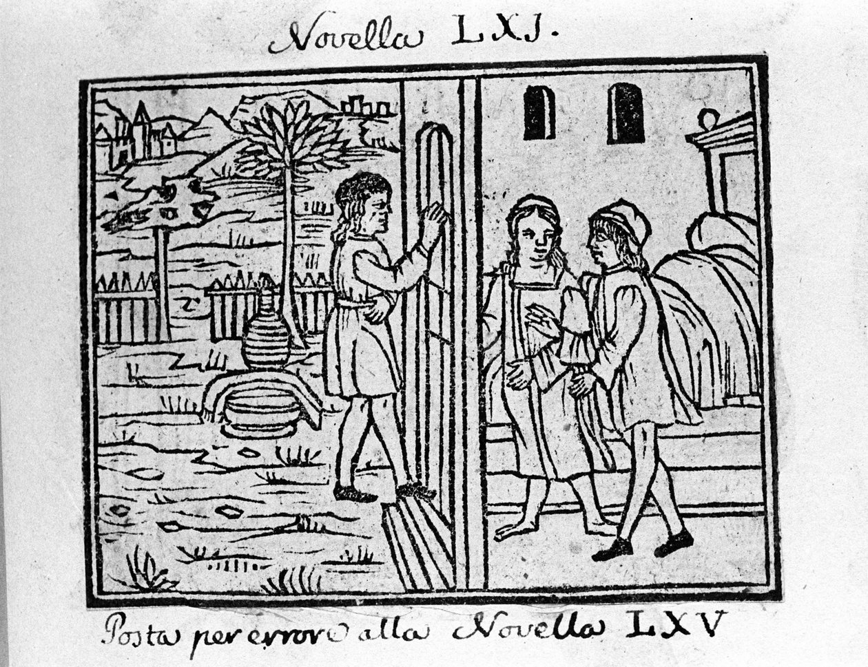 Egy házaspár kopogtatni akar az ajtaján. Illusztráció a „Dekameron” 61. híréhez (1. hír a 7. napról), Giovanni Boccaccio dit Jean Boccaccio (1313-1375), olasz író. Gravírozás: "" Decamerone ouer Cento nouelle"" Velence, Bartolomeo de 