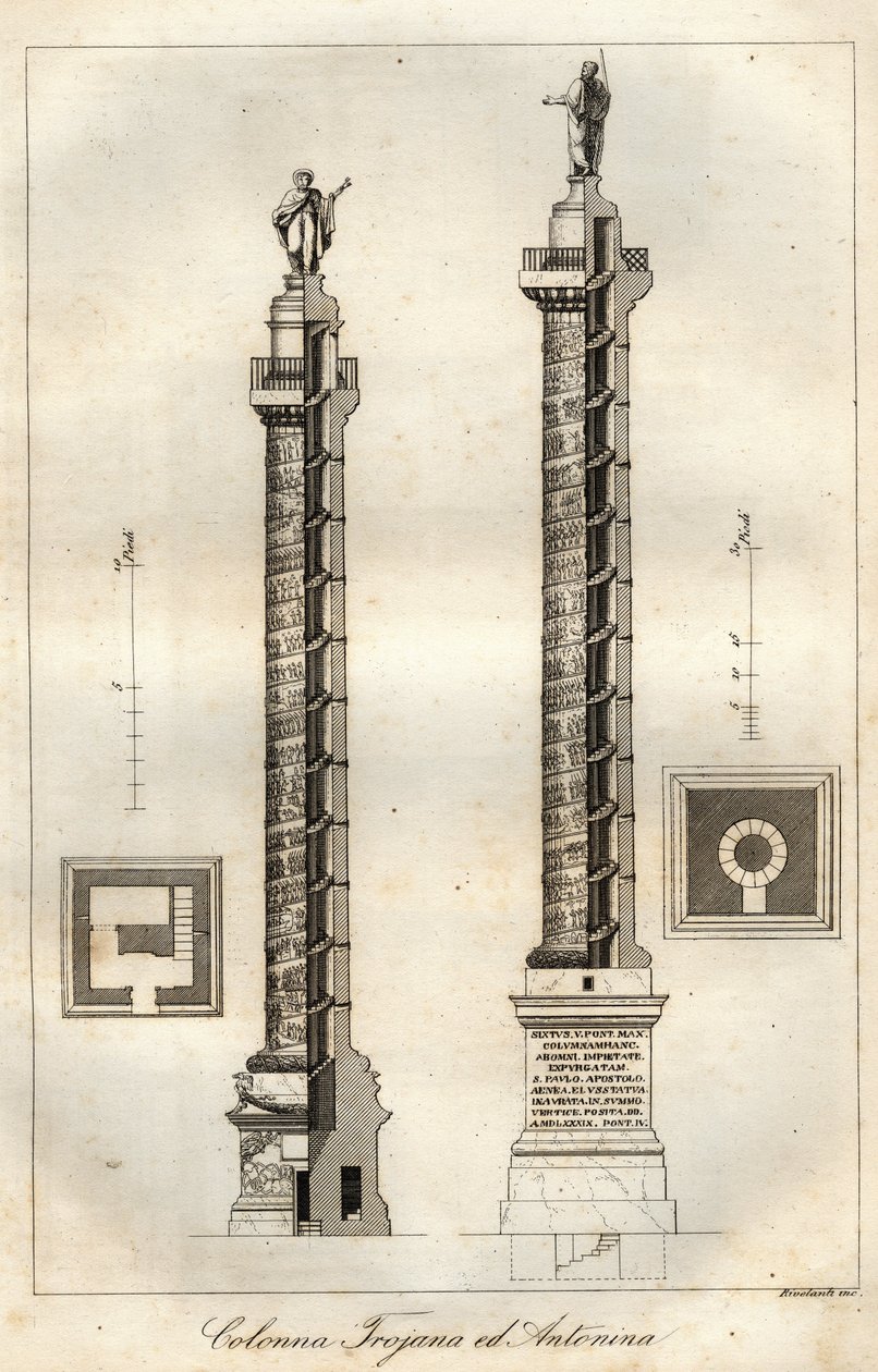 Traianus oszlopának (Trajane oszlopának) (i.sz. 113) és Antoninus Pius oszlopának (i.sz. 161) keresztmetszeti diagramja Rómában - metszet a „A Világegyetem összes népének felhasználásai és szokásai. Ez a kormány, a törvények, a milícia és a vallás történet alkotó: Italian School