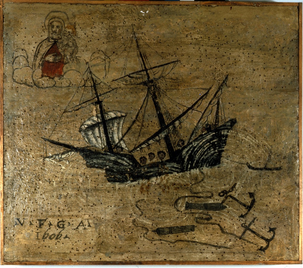 Egy galleon horgonyokat és két ágyút dob fel, hogy vihar közben elszabaduljon. Ex voto de 1610 del l
