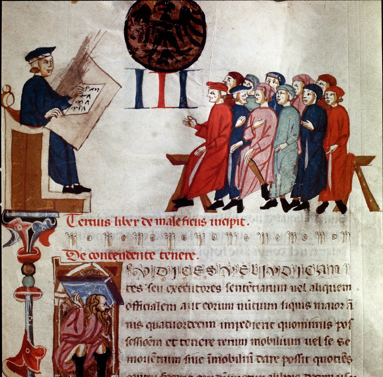 A hatalom embere, aki összegyűjtötte Részletet. Miniatűr a „Breve Populi et Compagniarum Pisani Communis”-ból” (Pisa város alapszabálya) 1300-1308 Pisa Szoborarchívum alkotó: Italian School